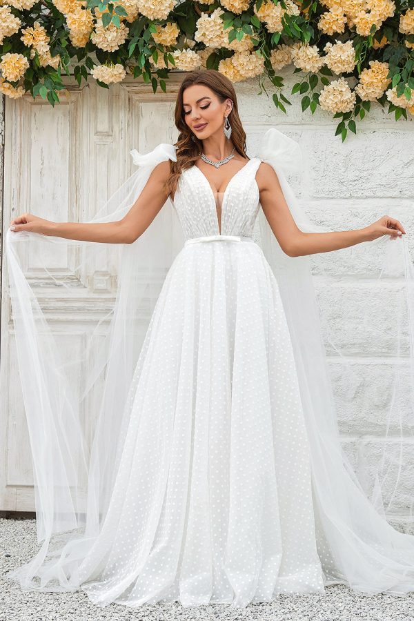 Ivory Detachable Watteau Train Tulle Wedding Dress For Sale