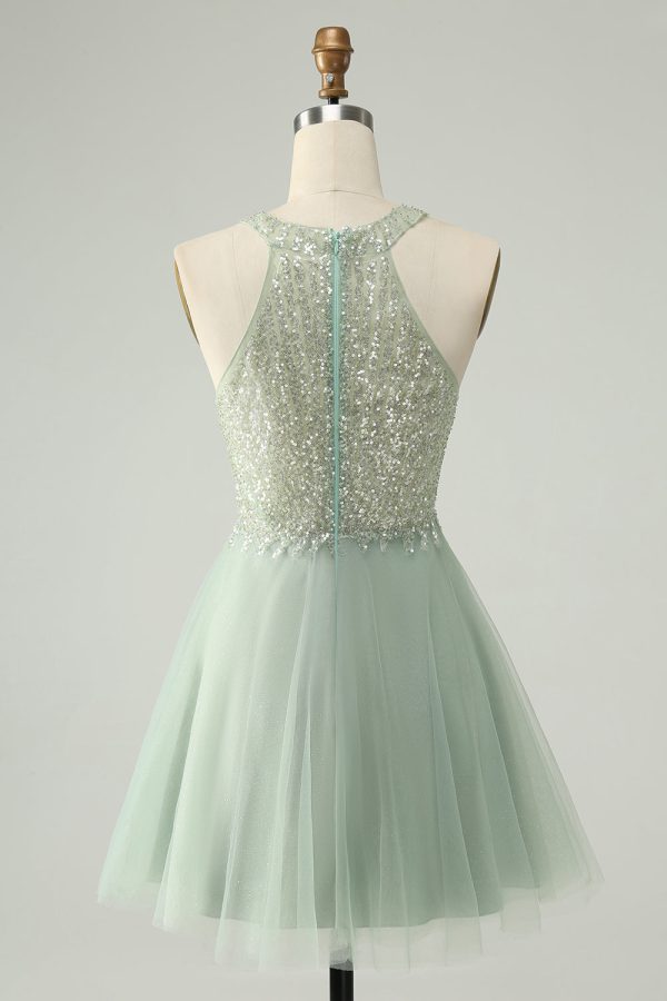 Dusty Green Halter Sequins A Line Homecoming Dress Supply