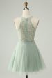 Dusty Green Halter Sequins A Line Homecoming Dress Supply