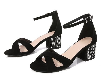 Black Cross Ankle Strappy Chunky Heel Sandal Hot on Sale