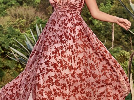 A Line V Neck Deep V Neck Rust Printed Plus Size Prom Dress with Split Front Hot on Sale