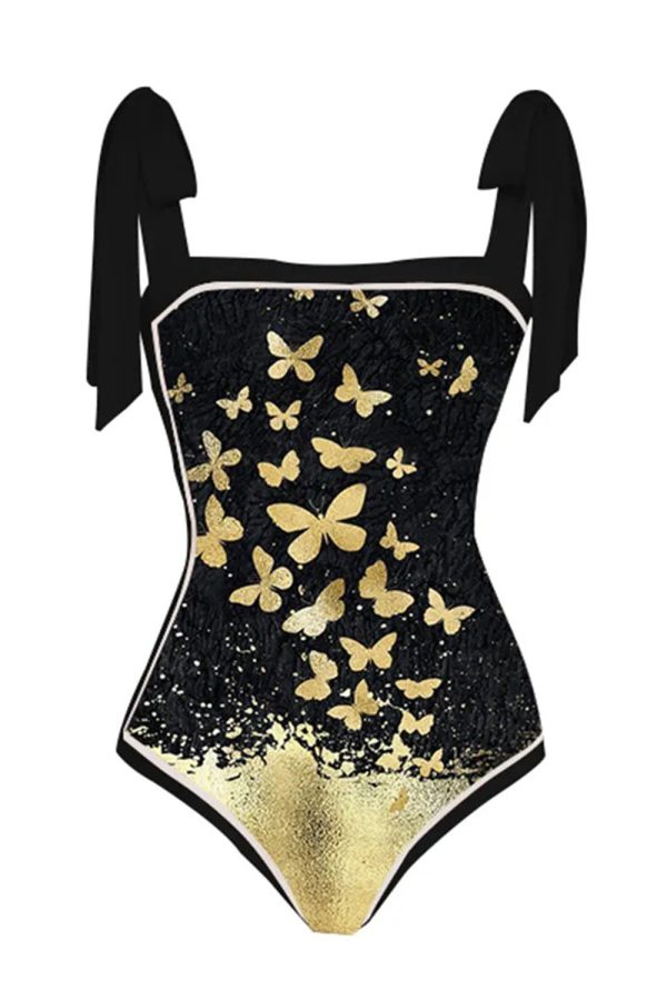 Black One Piece Printed Swimwear with Butterflies Online Sale