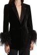 Black Velvet Peak Lapel Women Coat with Feathers Discount