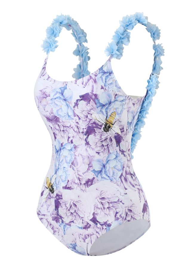 Blue Printed High Waist One Piece Swimwear with Flowers Supply