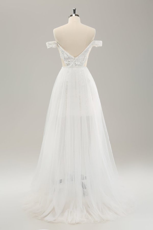 White Off the Shoulder Cut Out Wedding Dress with Detachable Tulle Online