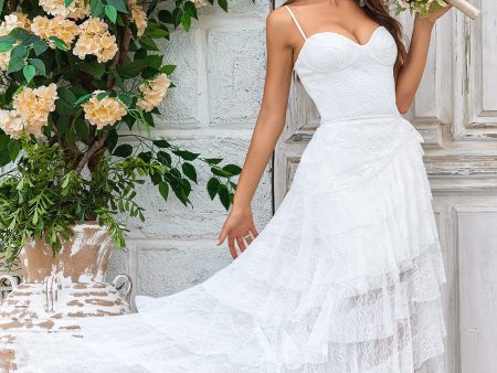 Ivory Lace Asymmetrical Detachable Train Boho Wedding Dress Fashion