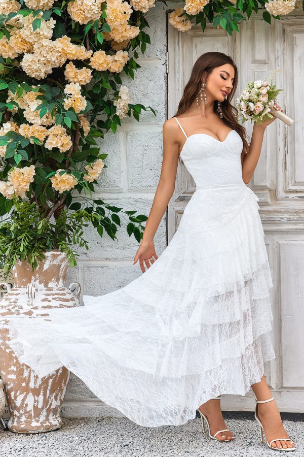 Ivory Lace Asymmetrical Detachable Train Boho Wedding Dress Fashion