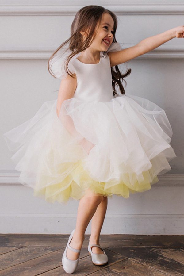 A-Line Tulle Open Back Light Yellow Flower Girl Dress on Sale