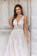 Gorgeous A Line Deep V Neck Champagne Tulle Wedding Dress with Lace For Cheap