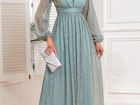 A-Line Sequins Blue Formal Dress with Long Sleeves Supply