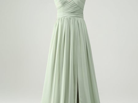 A Line Halter Chiffon Sage Green Pleated Long Bridesmaid Dress with Slit Online Hot Sale