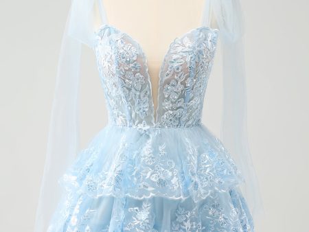 Glitter Blue A Line Embroidery Tiered Homecoming Dress with Appliques Online