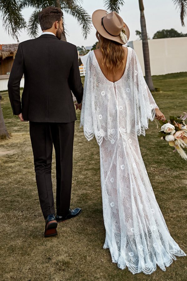 Ivory and Champagne Lace Boho Wedding Dress With Cape For Sale