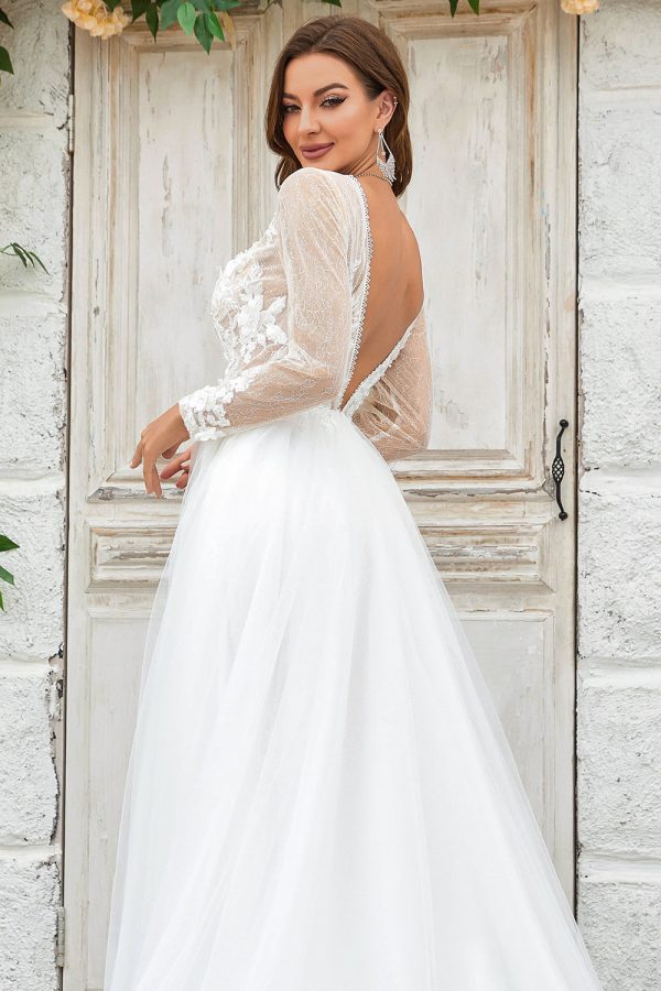 Deep V-Neck Ivory Tulle Sweep Train Wedding Dress with Lace Hot on Sale