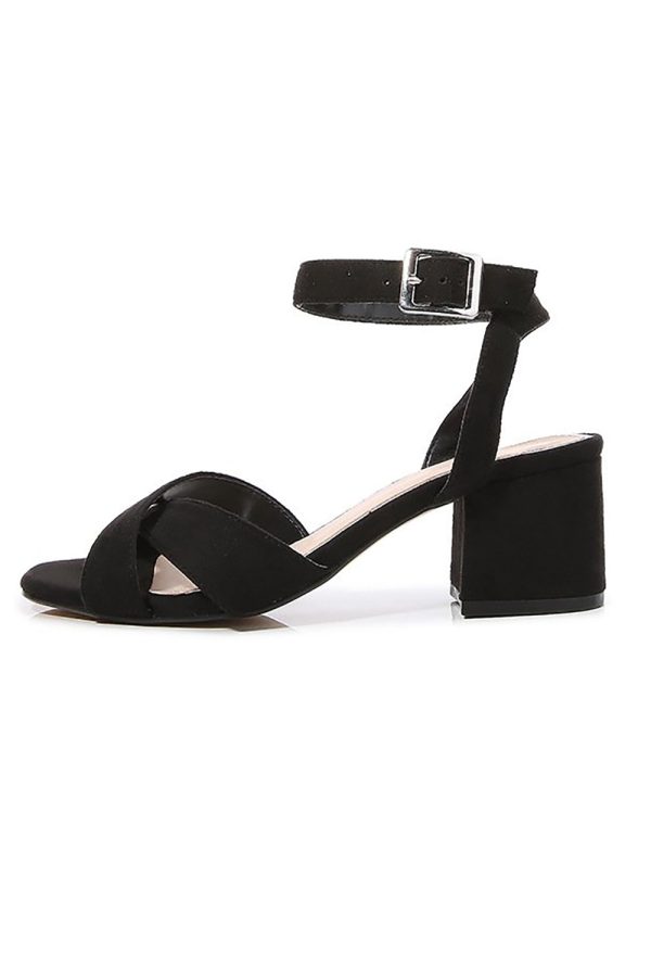 Black Cross Ankle Strap Chunky Heeled Sandals Cheap