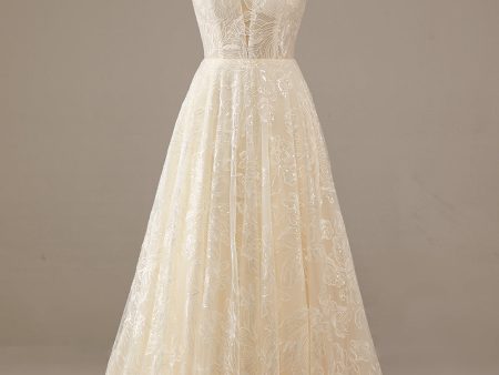 Sparkly Apricot Sweep Train Lace Wedding Dress Hot on Sale