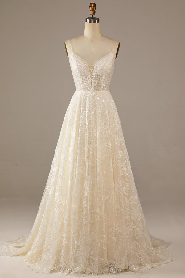 Sparkly Apricot Sweep Train Lace Wedding Dress Hot on Sale