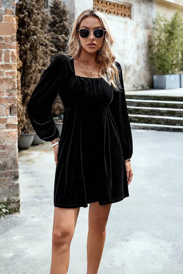 Black Velvet A line Holiday Party Dress with Pleated Supply