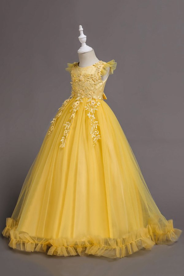 Tulle Boat Neck Yellow Girls Dresses with Appliques Sale