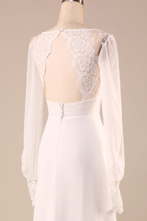 Ivory Long Sleeves Boho Chiffon Open Back Wedding Dress on Sale