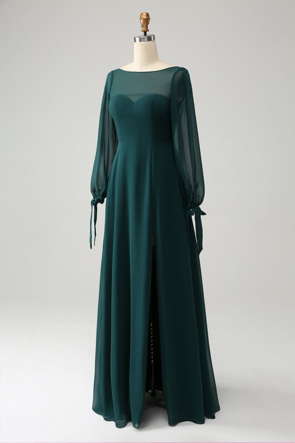 A Line Dark Green Bateau Neck Chiffon Bridesmaid Dress with Slit Sale