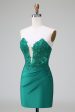 Dark Green Tight Deep V Neck Satin Strapless Short Homecoming Dress with Appliques Sale