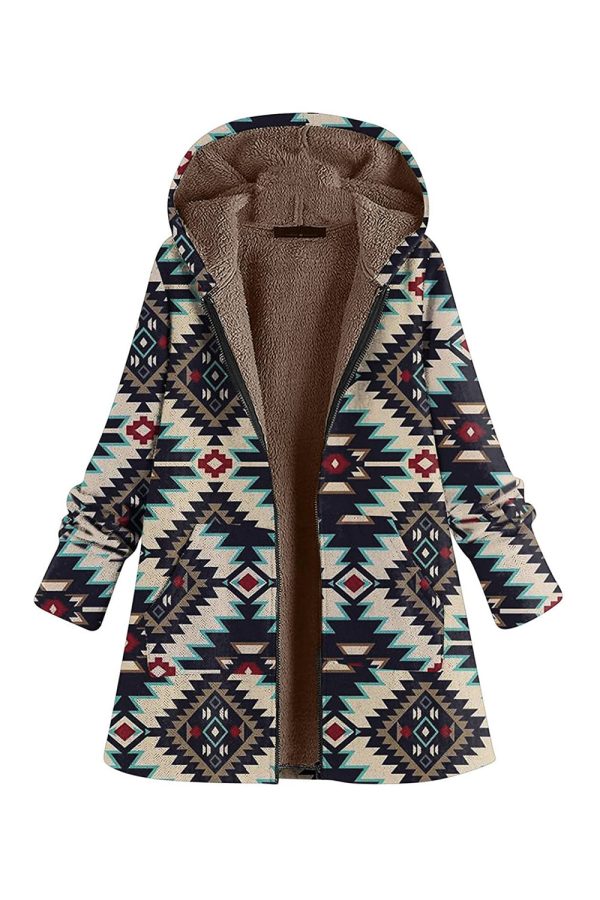 Navy Fleece Hooded Long Sleeves Printed Women Christmas Coat For Discount