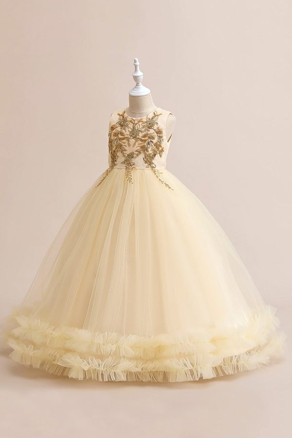 Champagne Tulle A Line Girl Dress with Embroidery Online now