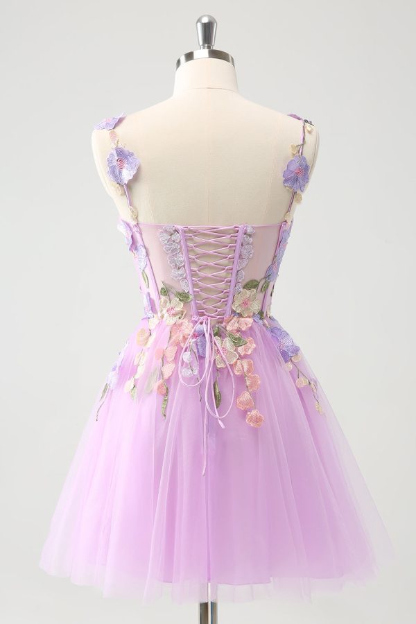 Purple A Line Halter Flowers Tulle Short Homecoming Dress Online Sale