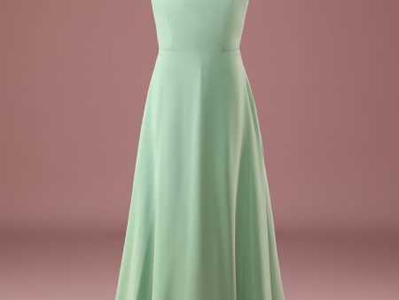 A-line Long Chiffon Matcha V-neck Spaghetti Straps Junior Bridesmaid Dress Hot on Sale