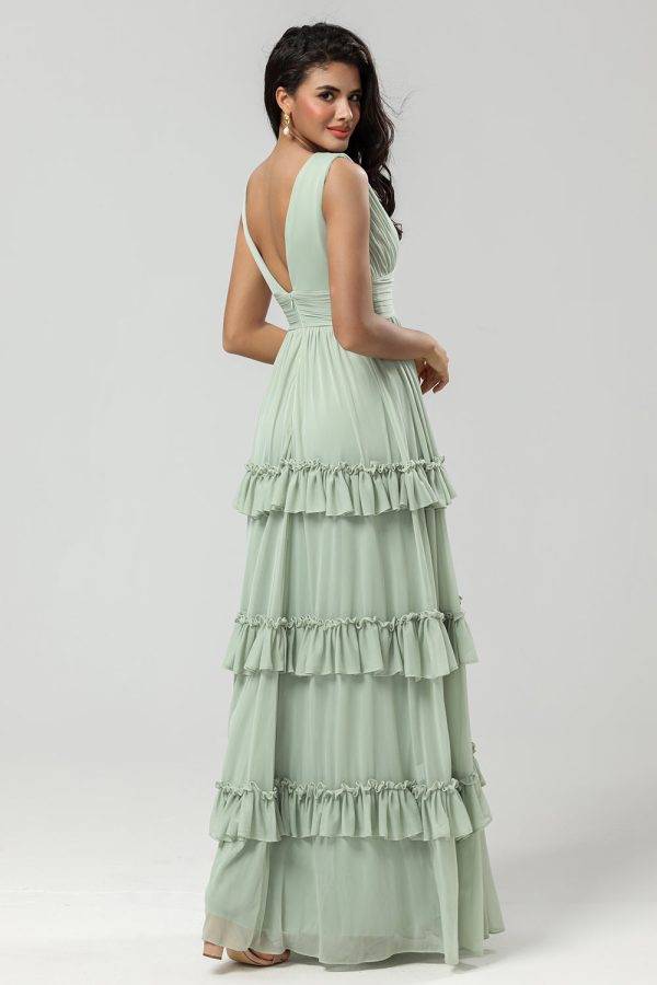 A Line Chiffon Green Bridesmaid Dress with Pleated Online now