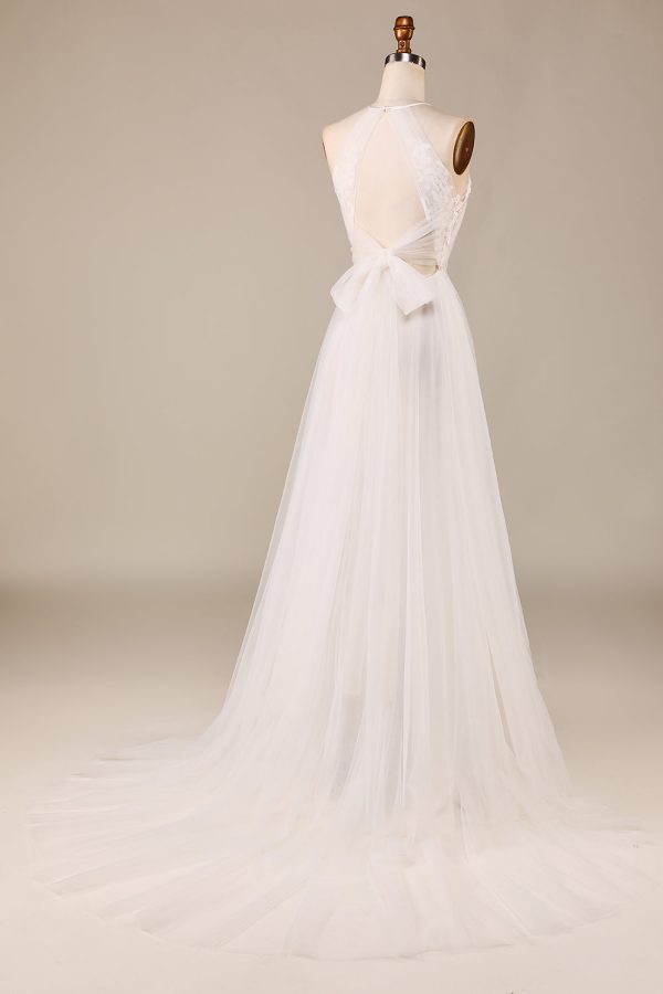 Charming A Line Halter Neck Ivory Open Back Tulle Sweep Train Wedding Dress with Lace Online