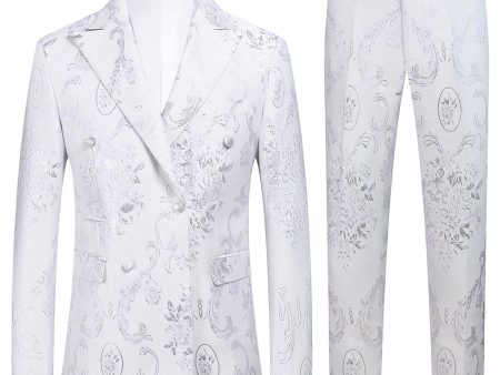 White Floral Jacquard Peak Lapel Men Prom Suits Online Sale