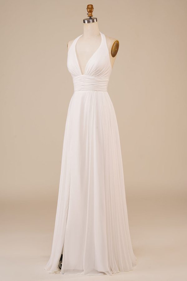 A-Line Halter Ivory Sweep Train Wedding Dress with Slit Online now