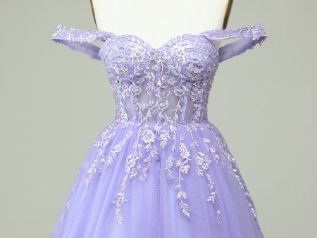 A Line Off the Shoulder Lilac Corset Homecoming Dress with Appliques Cheap