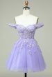 A Line Off the Shoulder Lilac Corset Homecoming Dress with Appliques Cheap