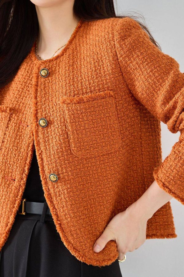 Orange Tweed Shawl Lapel Button Cropped Women Coat Supply