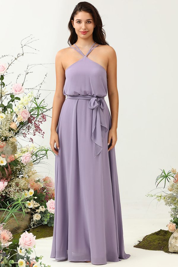 A Line Halter Purple Long Bridesmaid Dress with Bowknot Online