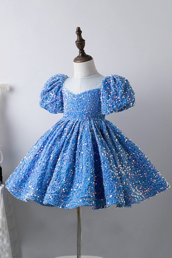 Blue A Line Puff Sleeves Sequins Girls Dresses Supply