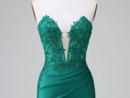 Dark Green Tight Deep V Neck Satin Strapless Short Homecoming Dress with Appliques Sale