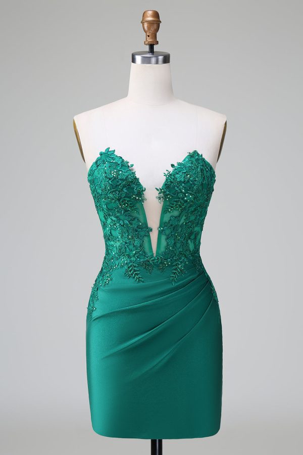 Dark Green Tight Deep V Neck Satin Strapless Short Homecoming Dress with Appliques Sale