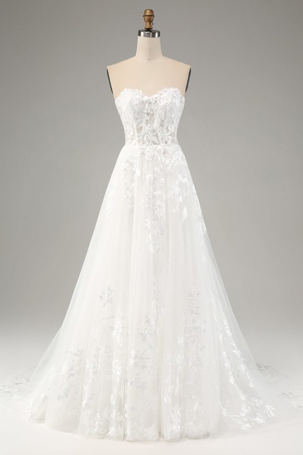 White A Line Tulle Long Sleeves Wedding Dress with Appliques Lace on Sale