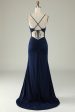 Mermaid Spaghetti Straps Navy Plus Size Formal Dress with Split Front Discount