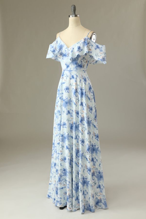 A Line Off the Shoulder Blue Floral Print Long Bridesmaid Dress Online now