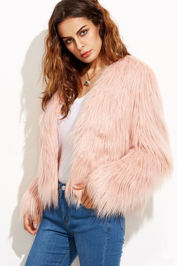 Pink Shawl Collar Cropped Faux Fur Shearling Coat Online