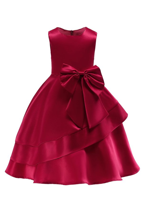 Boat Neck Sleeveless Burgundy Girls Dresses with Bowknot Online Hot Sale