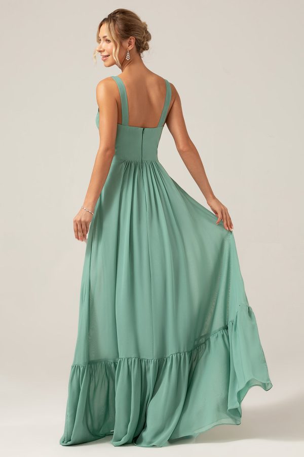 A Line Eucalyptus Chiffon Long Bridesmaid Dress with Pleated Cheap