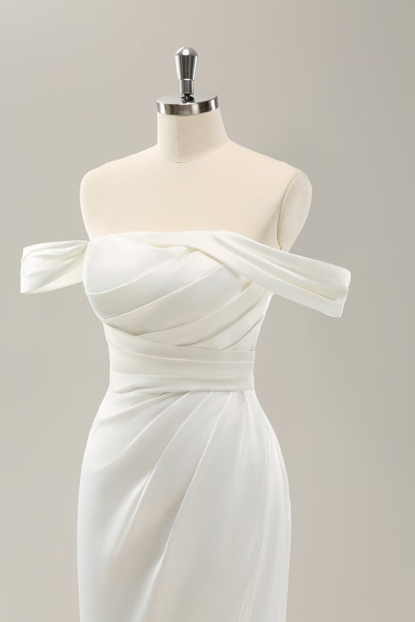 White Mermaid Off The Shoulder Pleated Satin Wedding Dress with Slit Sale