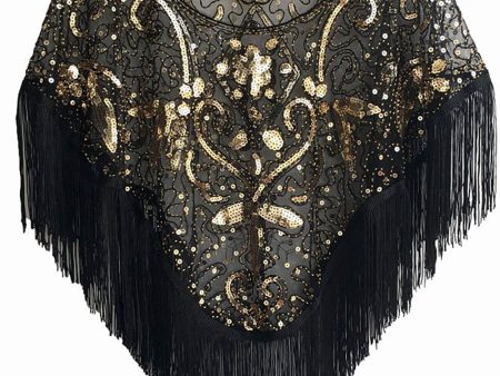 Sequined Black Golden 1920s Cape With Fringes on Sale