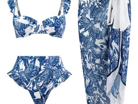 3 Piece Blue Printed Bikini Set Tie Beach Dress For Sale